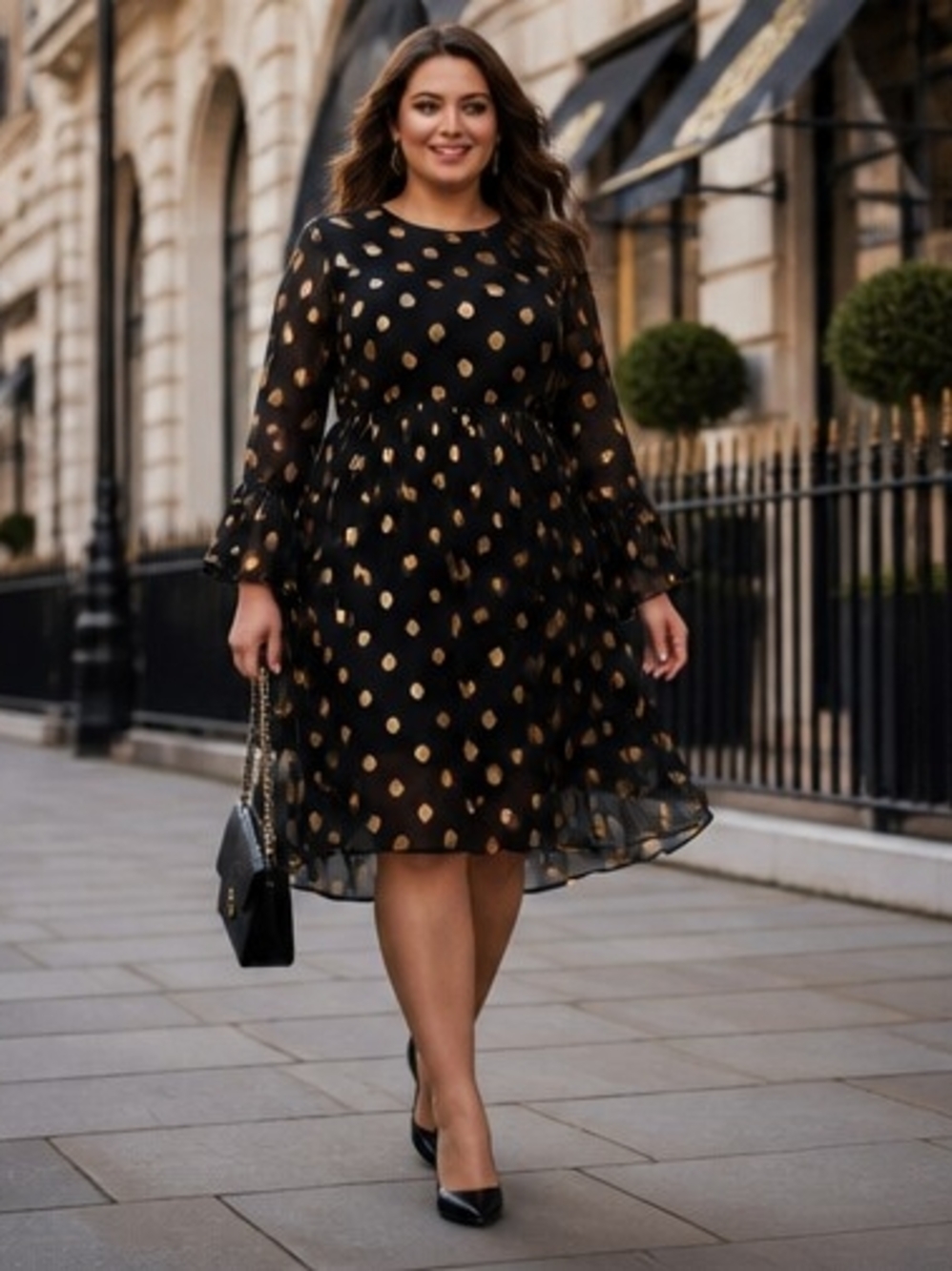 Queen B Maternity Black Dress with Metallic Gold Dot Print, Long Sleeve W/ruffle